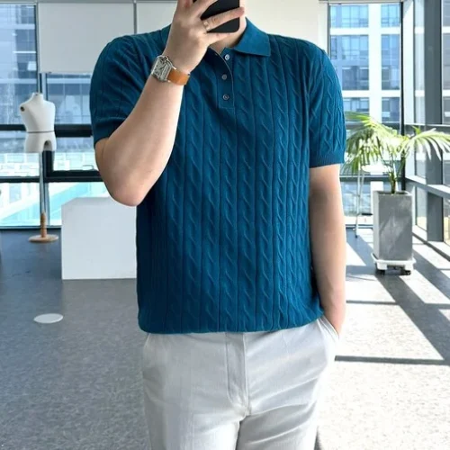 룩플레인 여름 린넨 케이블 반팔 니트 카라 티셔츠 리얼 리뷰